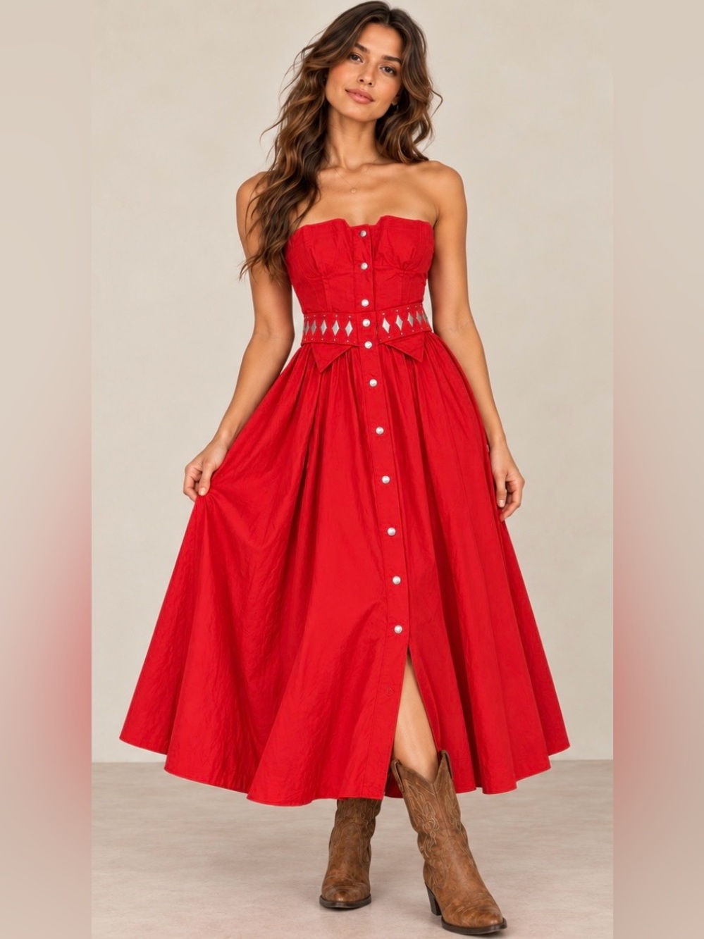 Vintage Sybil Red Strapless Midi Dress Studded Belt Western Pinup Rodeo Size 8